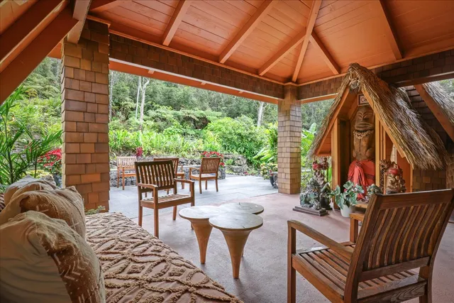 a view of a patio filled with furniture