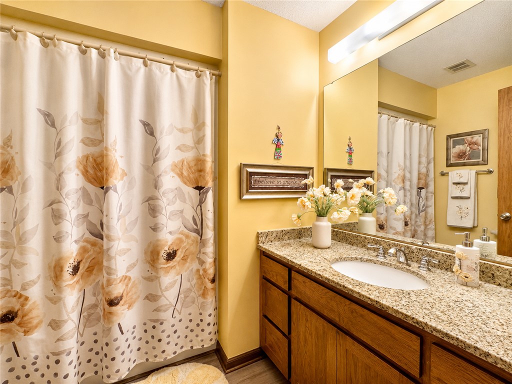222 Terrace Drive Anderson, SC 29621 - Photo 14 of 37 Granite counters and a warm wooden vanity define this inviting bathroom space.