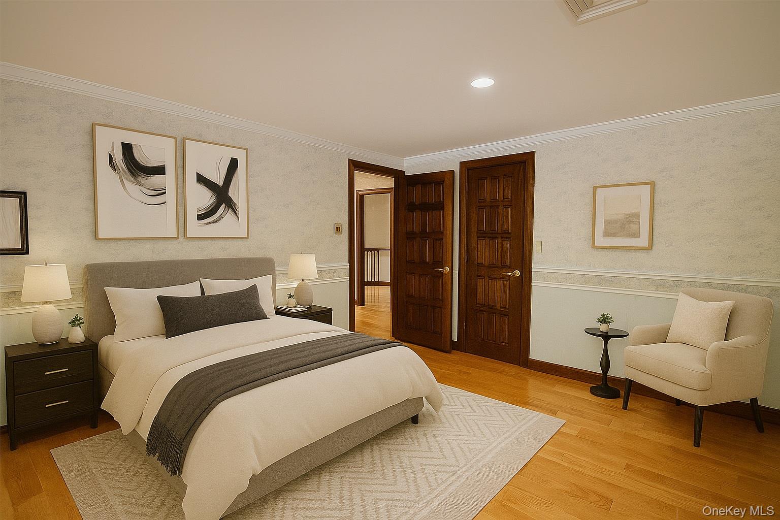 285 Goff Road Livingston Manor, NY 12758 - Photo 16 of 24 Bedroom with light wood-styleflooring, ornamental molding,wallpapered walls, andrecessed lighting