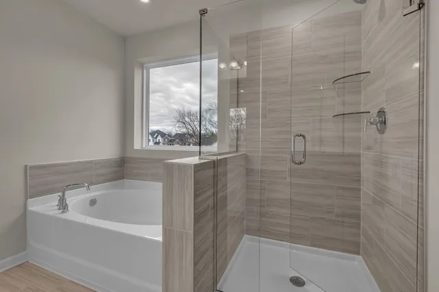 a bathroom with a bathtub and shower