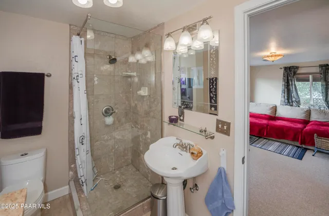 a bathroom with a sink a toilet and shower