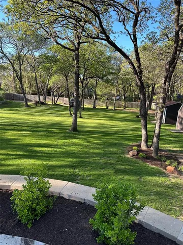 a view of a park with large trees