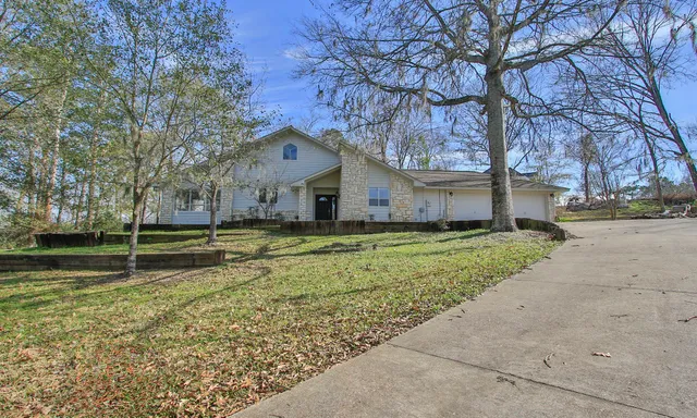 a view of a house with a large tree and a yard