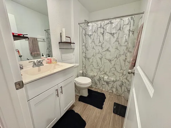 a bathroom with a sink toilet a mirror and shower curtain