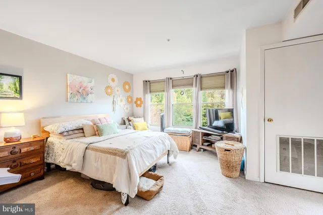 a view of a bedroom with furniture and closet