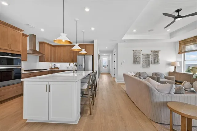 a large kitchen with cabinets