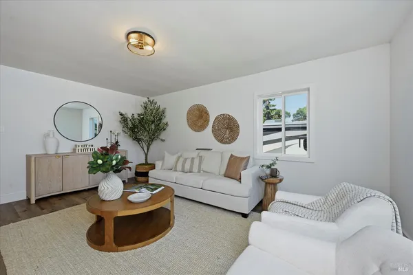 a living room with furniture and a potted plant