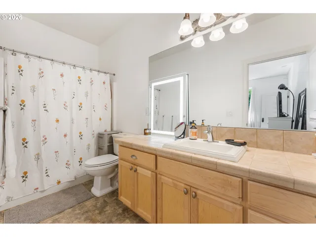 a bathroom with a toilet a sink a mirror a shower and vanity