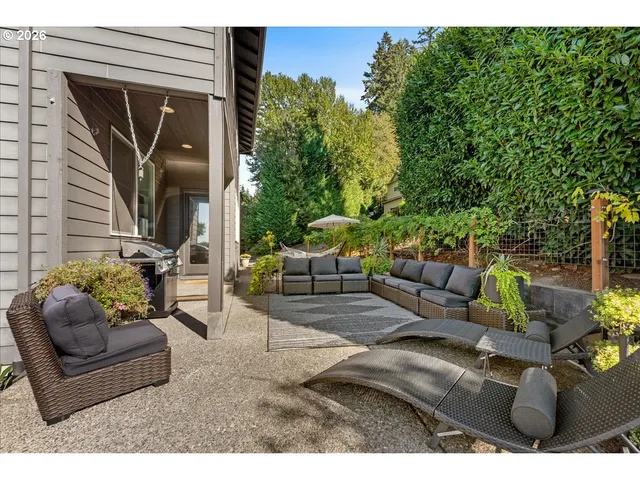 a building outdoor space with patio furniture