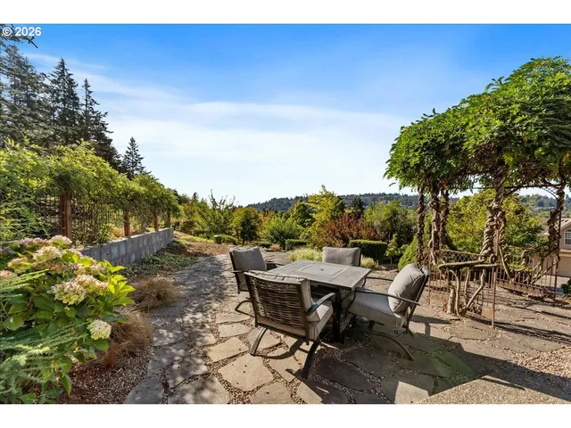 a view of a backyard with table and chairs and potted plants