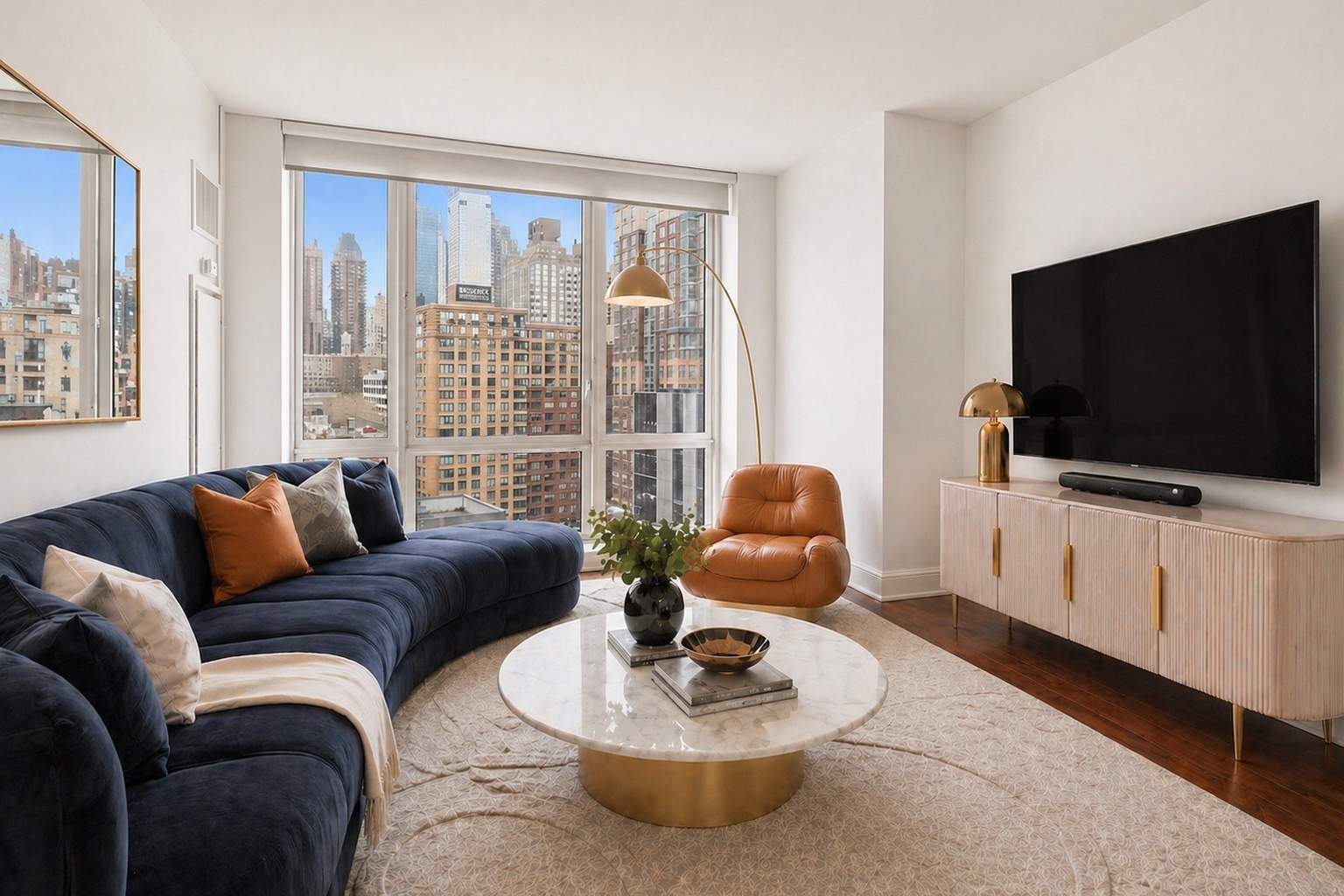 60 Riverside Boulevard, Unit 1810 Manhattan, NY 10069 - Photo 2 of 19 a living room with furniture a flat screen tv and a window