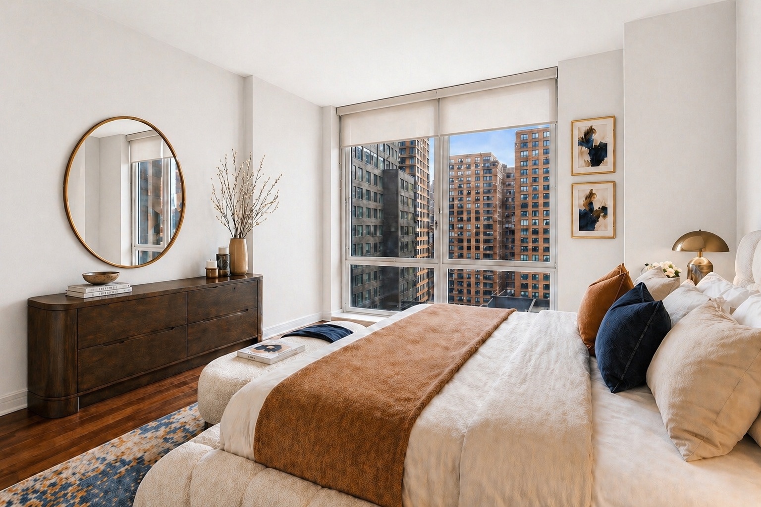 60 Riverside Boulevard, Unit 1810 Manhattan, NY 10069 - Photo 6 of 19 a bedroom with a bed a mirror and a large window