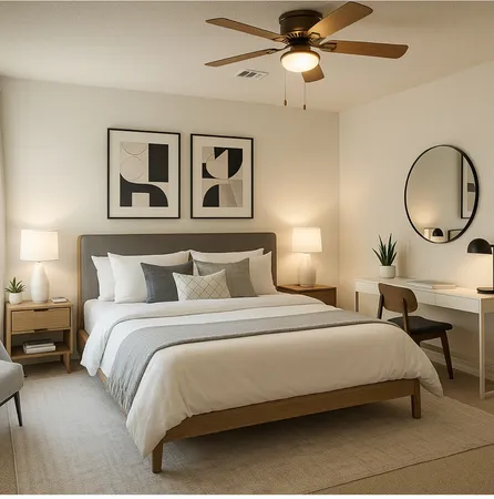 a bedroom with bed and a chandelier