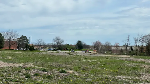 a view of a field with trees in the background