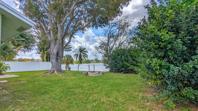 a view of a park with large trees