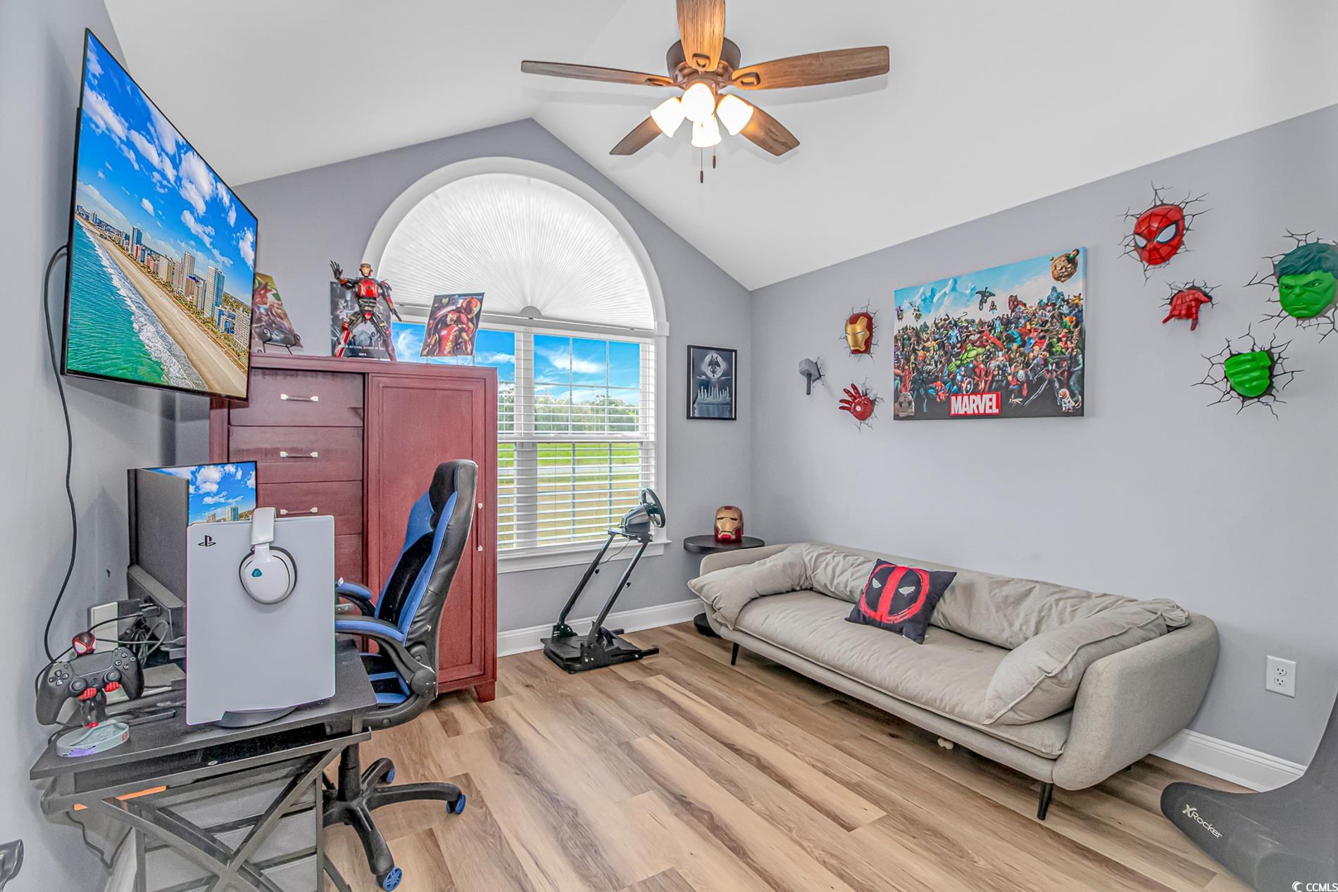 4082 Edwards Road Aynor, SC 29511 - Photo 12 of 40 Home office featuring vaulted ceiling, ceiling fan, and light wood-style floors