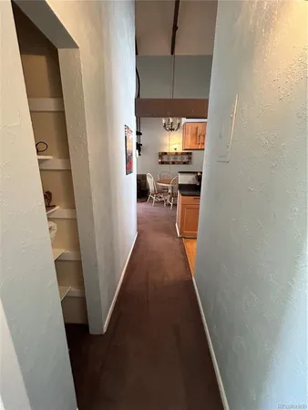 a view of a hallway with furniture