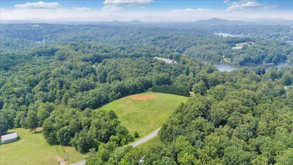 an aerial view of residential houses with outdoor space and trees