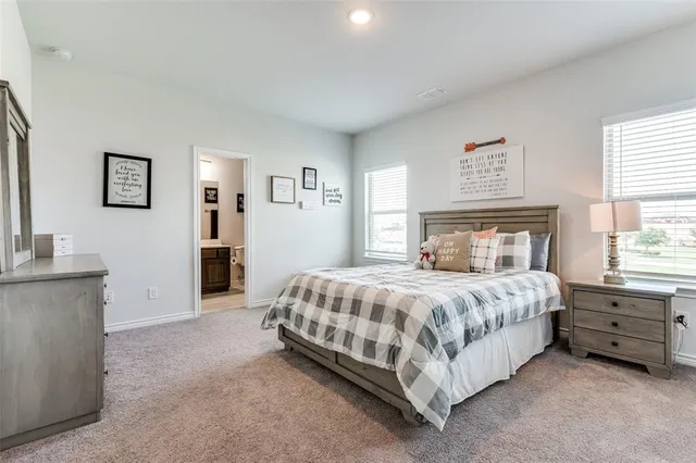 a bedroom with a bed and a cabinets