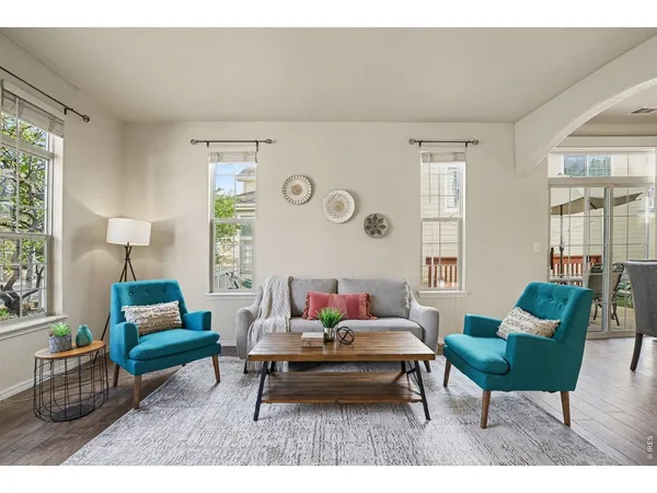 a living room with furniture a rug and a window