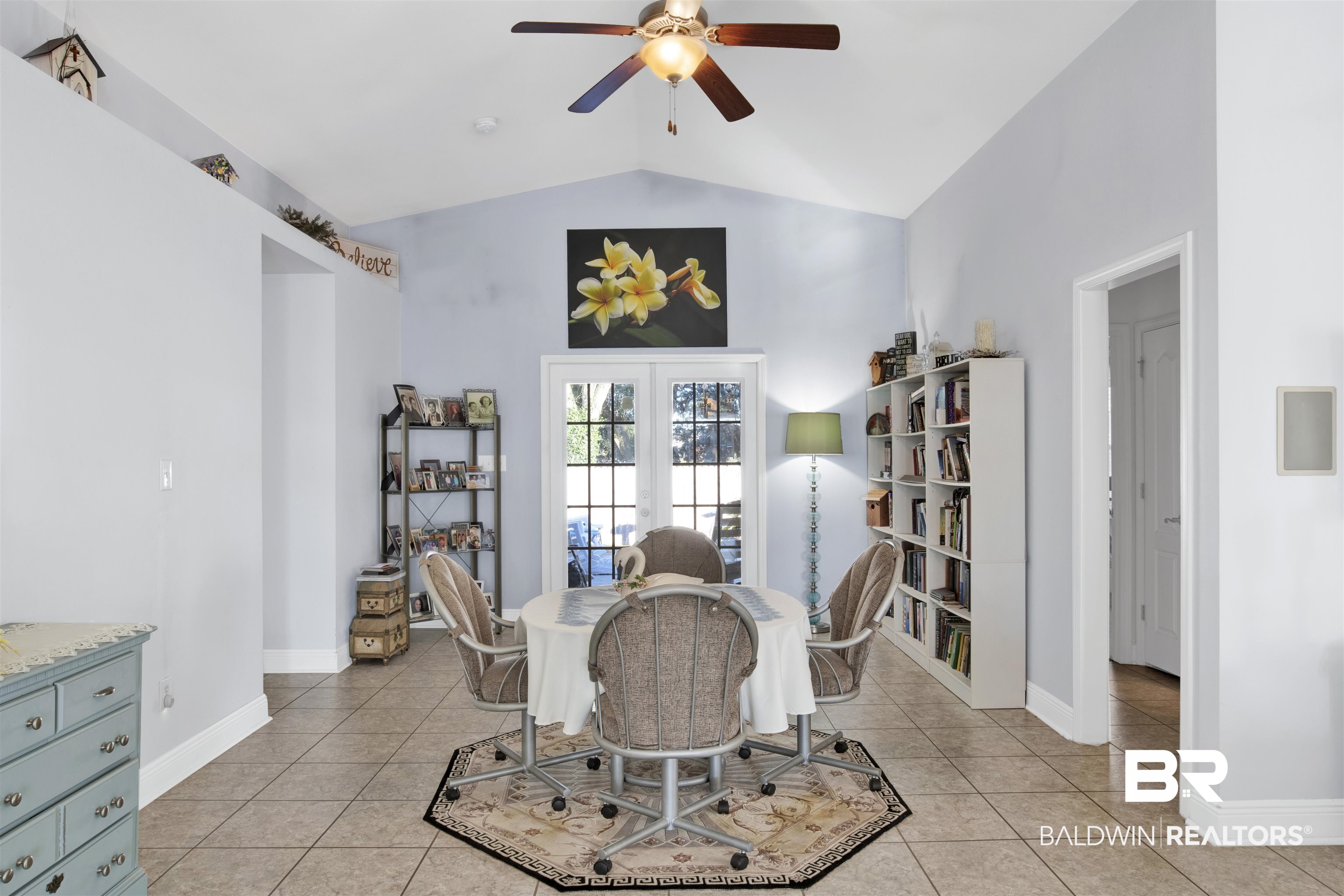 314 Blackfriars Street Fairhope, AL 36532 - Photo 13 of 25 Dining space with french doors, ceiling fan, vaulted ceiling, and light tile patterned floors