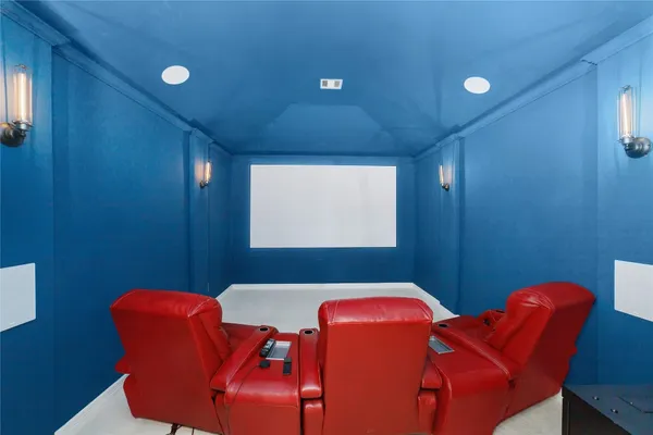 a blue room with blue chairs and a projector screen