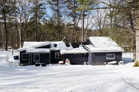 a view of a house with a barbeque and large trees
