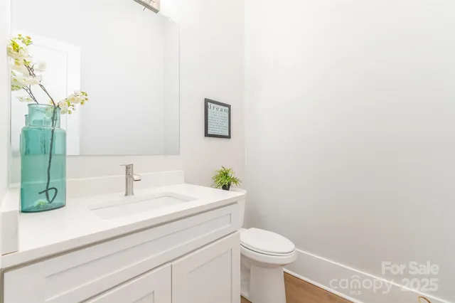 a bathroom with a sink a toilet and mirror