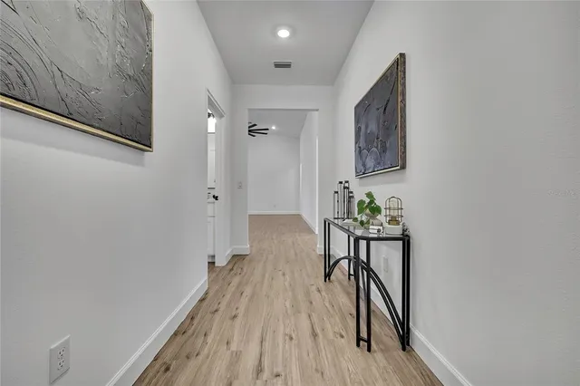 a view of a hallway with wooden floor and a potted plant