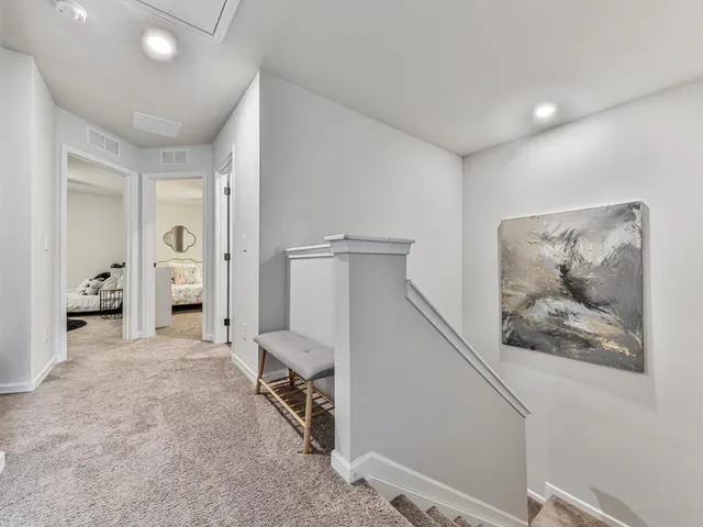 a view of a hallway with closet and livingroom