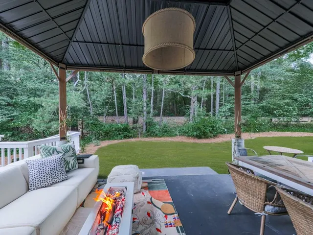 a patio view with a seating space