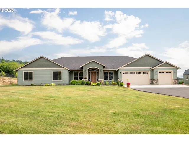 a front view of house with yard and green space