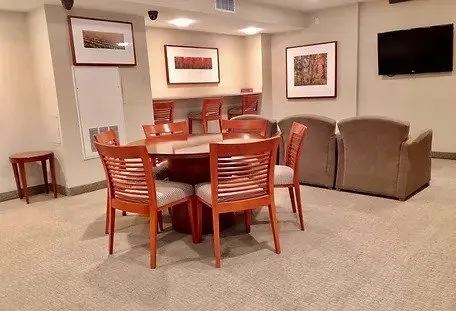 a terrace with a city view