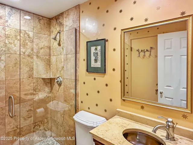 a bathroom with a sink a toilet a shower and a mirror