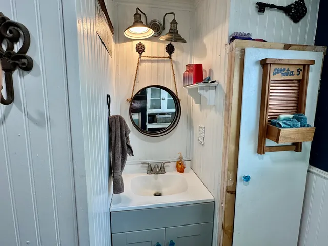 a bathroom with a sink and a mirror