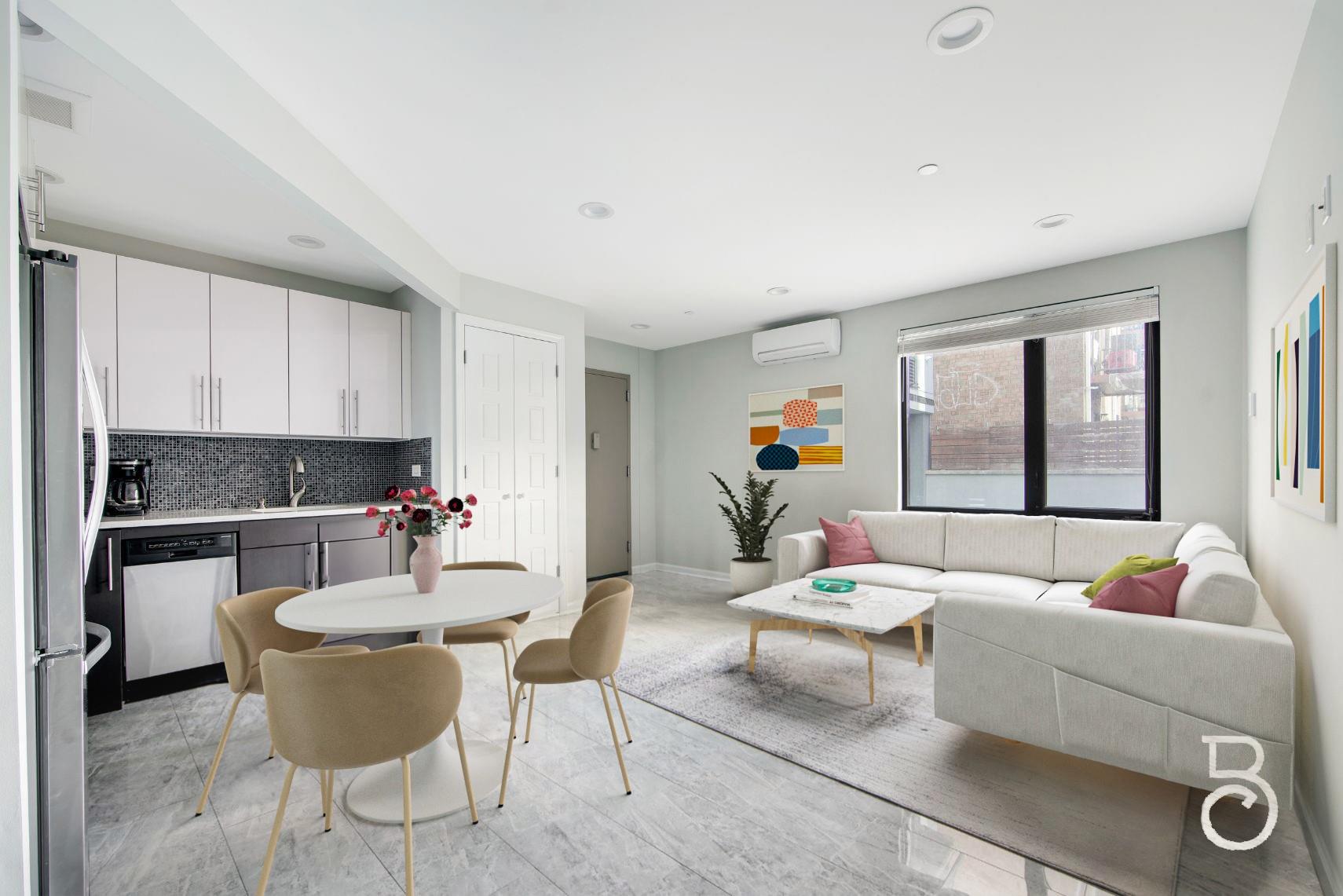 31-10 28th Road, Unit 1A Queens, NY 11102 - Photo 2 of 12 a living room with furniture and a dining table with kitchen view