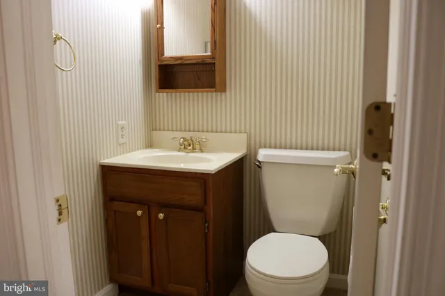 a bathroom with a toilet a sink and mirror