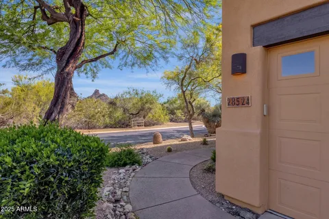 a view of a yard in front of a house with a tree