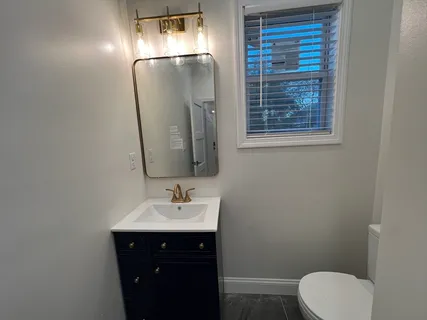 a bathroom with a sink vanity and toilet