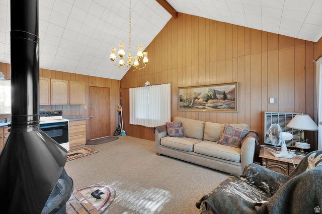 1234 Maple Lane, Unit 123 Midway, UT 84049 - Photo 5 of 19 Interior space featuring vaulted ceilings with acoustic tiles, wood paneling, a black freestanding stove, and a compact kitchen area with light wood cabinetry and a white range and fridge.