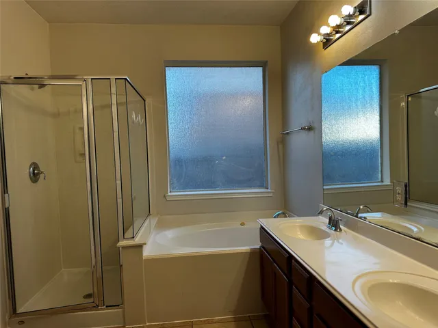 a bathroom with a granite countertop sink a shower and a mirror