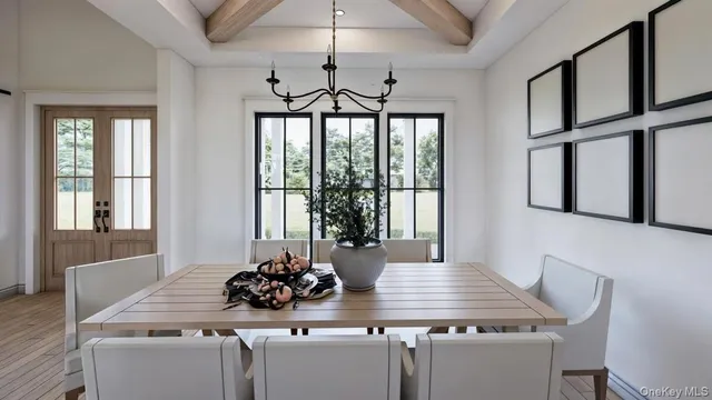 a view of a dining room with furniture window and outside view