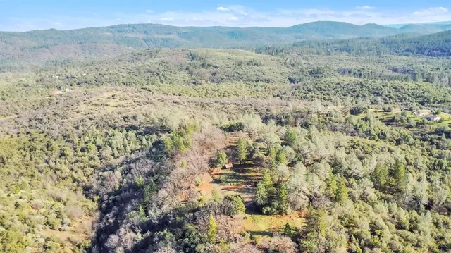 a view of a dry yard with mountains in the background