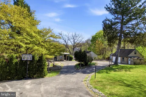 a view of a backyard with large trees