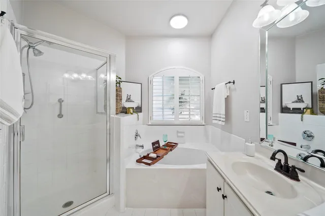 a bathroom with a sink a mirror a vanity and shower