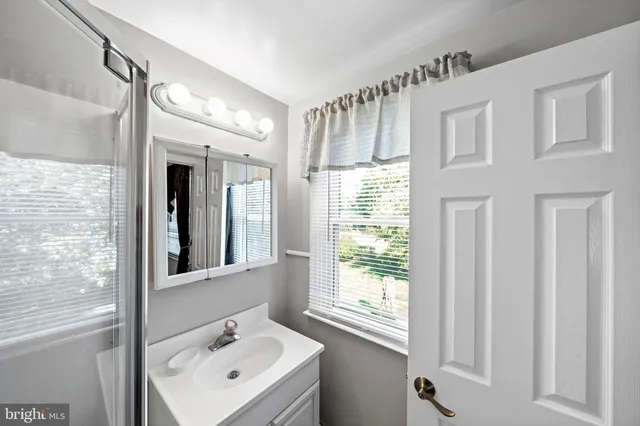 a bathroom with a sink a mirror and a shower
