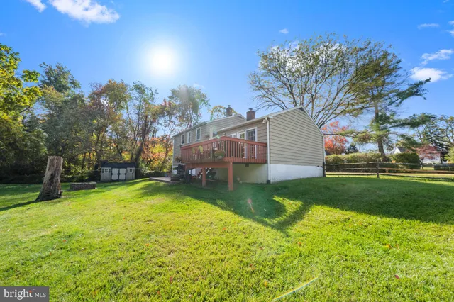 a backyard of a house with plants and large tree