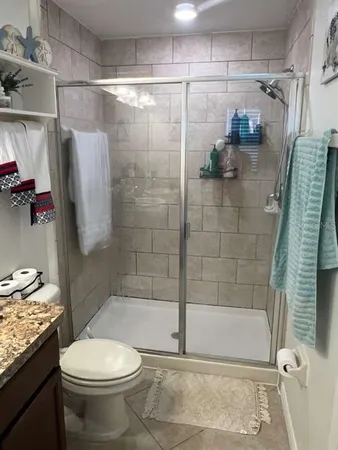 a bathroom with a shower and a toilet
