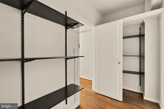 a view of walk in closet with wooden floor