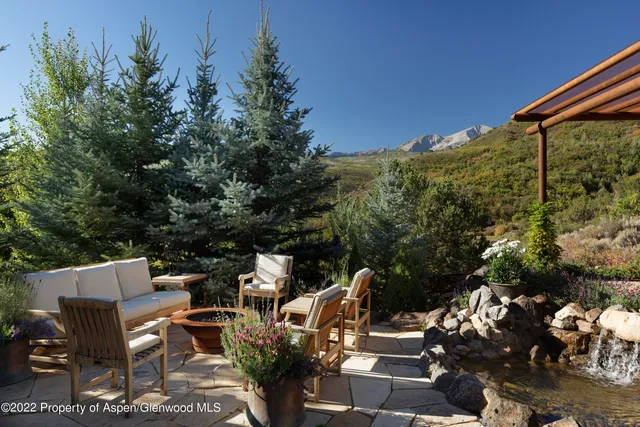 a view of a patio with table and chairs and potted plants